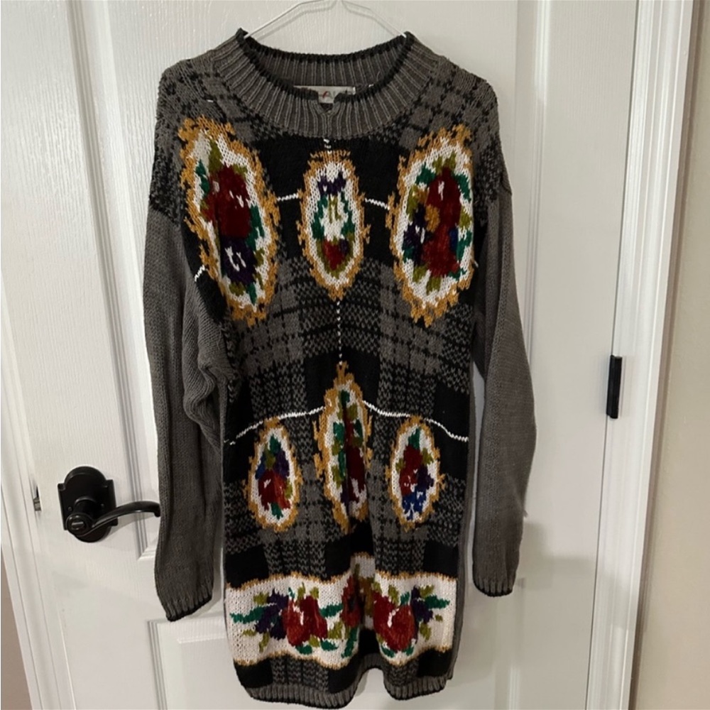 Vintage Chaus Gray Floral Print Sweater Dress S